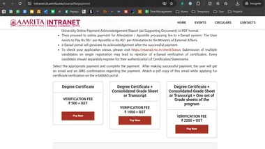 Amrita University e-Sanad Certificate Verification Fees screenshot of webpage of amrita university esanad certificate verification fees accessed on 2025-09-27